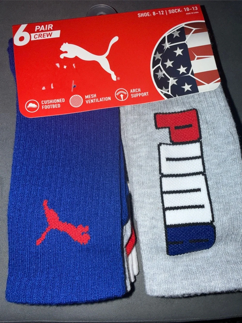 PUMA Men's Crew Socks 6-Pack – Blue & Gray NEW World Cup Socks Collection